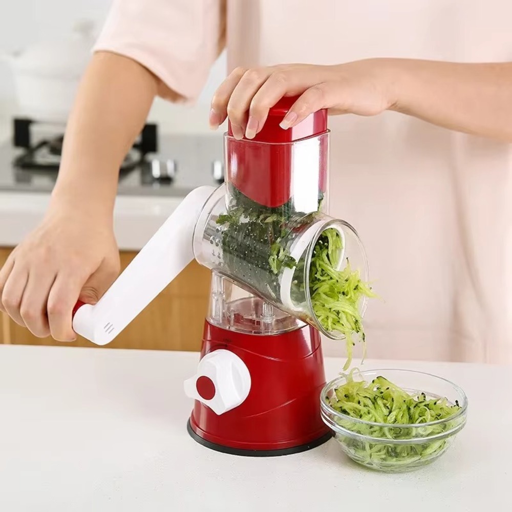 Manual Rotary Vegetable Cutter & Grater 3-Blade – Kitchen Food Slicer, Red